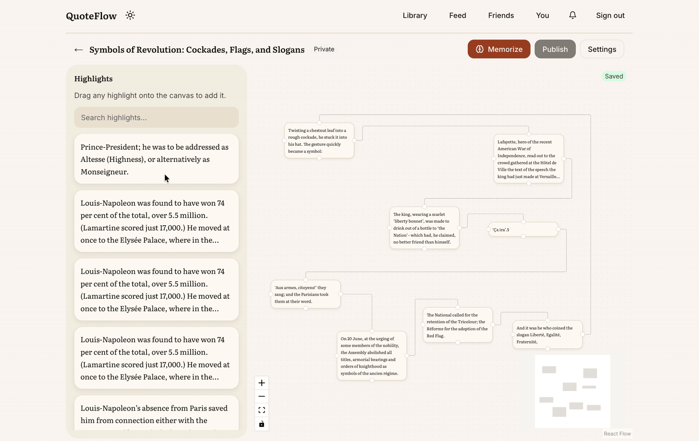 Building a Flow on the QuoteFlow canvas — dragging highlight cards and linking them with arrows