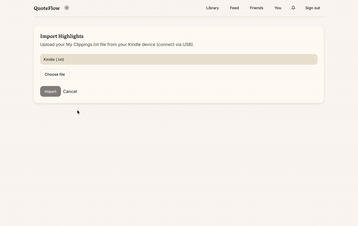 Drag-and-drop import of a Kindle clippings file, books filling into the QuoteFlow library