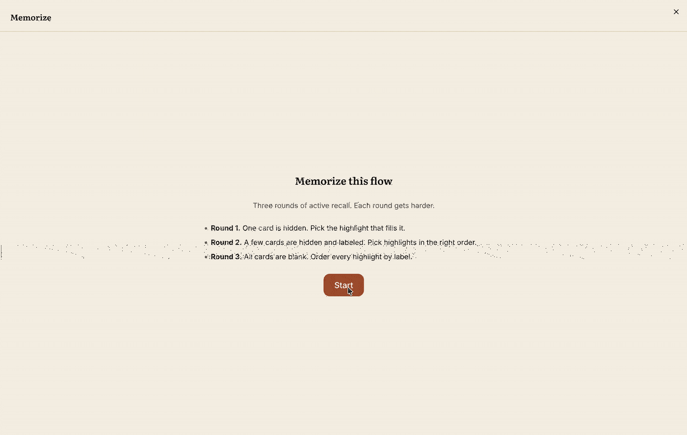 Three-round active-recall practice on a QuoteFlow Flow — fill in the blank, order the cards, rebuild the whole Flow