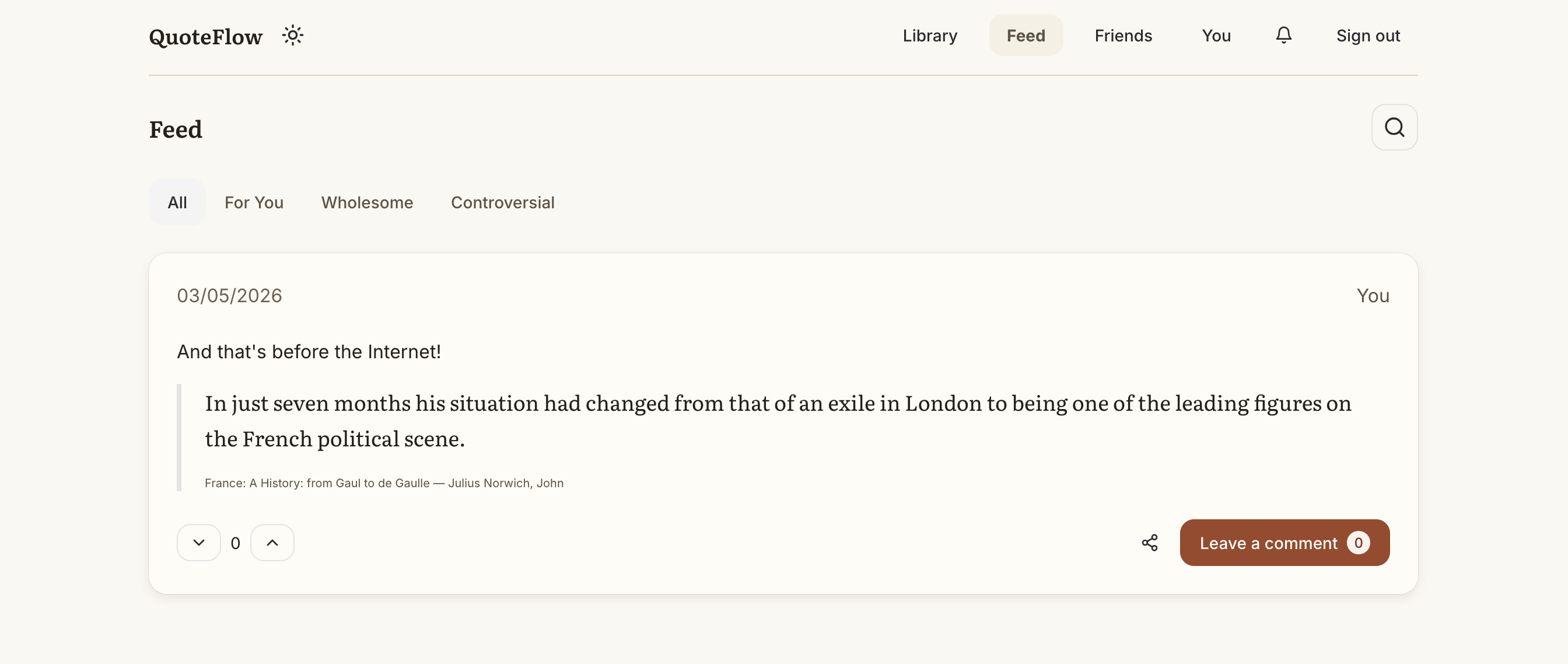 The QuoteFlow social feed — friends' shared highlights and Flows with save and fork actions