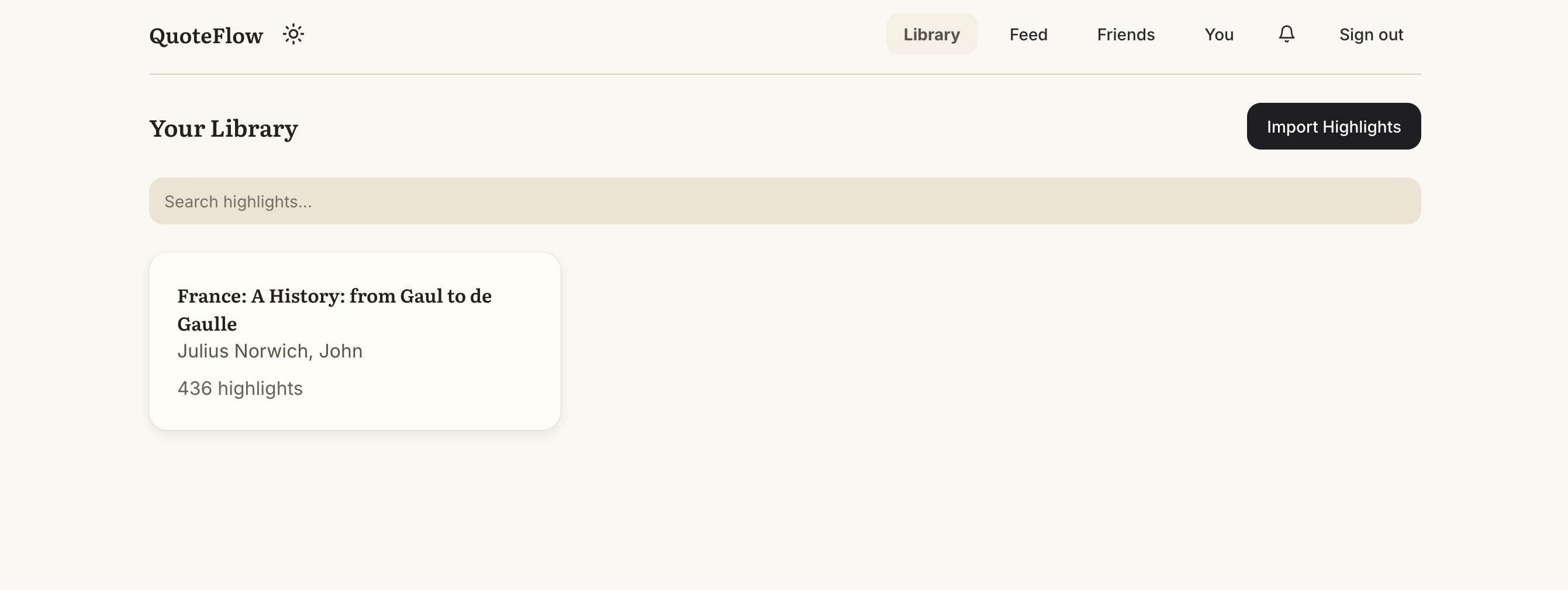 The QuoteFlow library — a grid of book covers with highlight counts and a tag sidebar